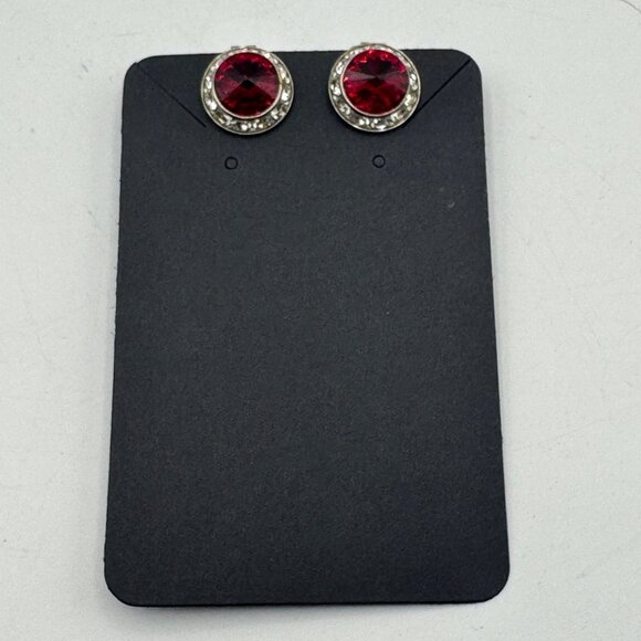 Vintage Silver-Tone Clip-On Earrings With Large Red Rhinestones & Clear Accents - Picture 1 of 4